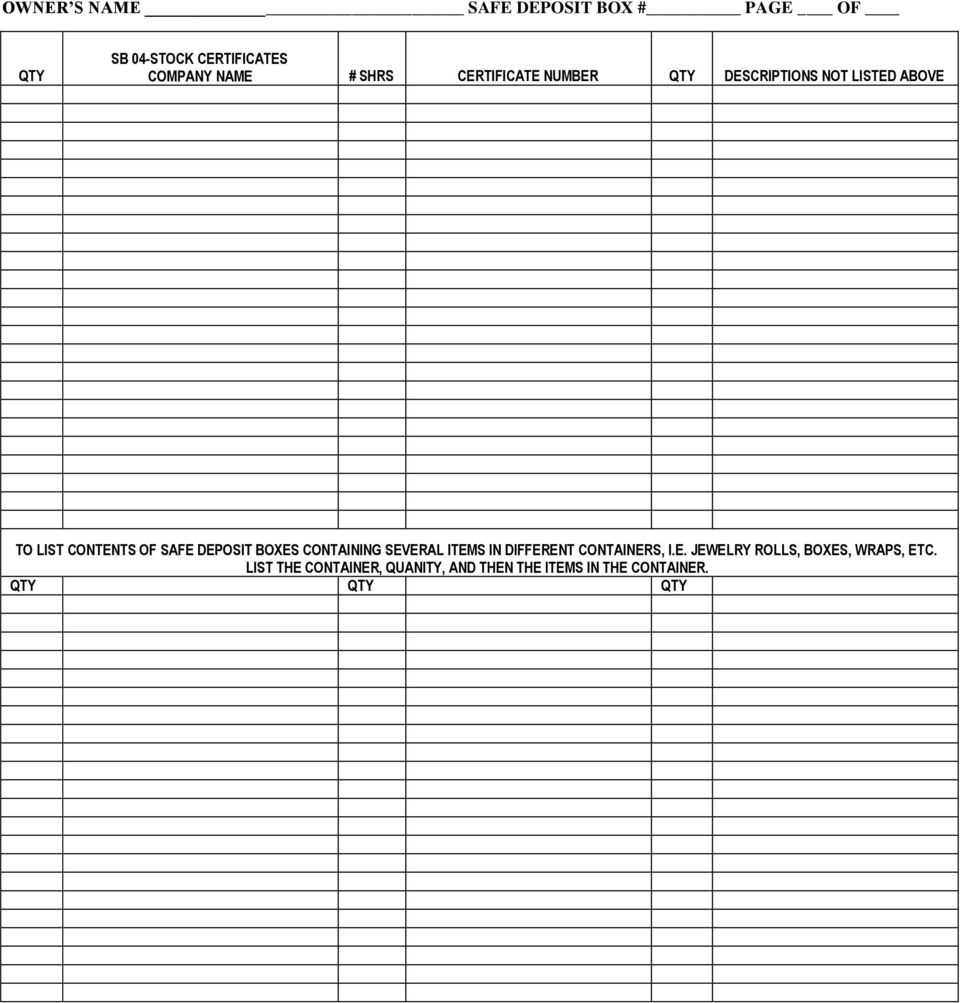 SAFE DEPOSIT BOX INVENTORY FORM OF PROPERTY PRESUMED UNCLAIMED  In Safe Deposit Box Inventory Template