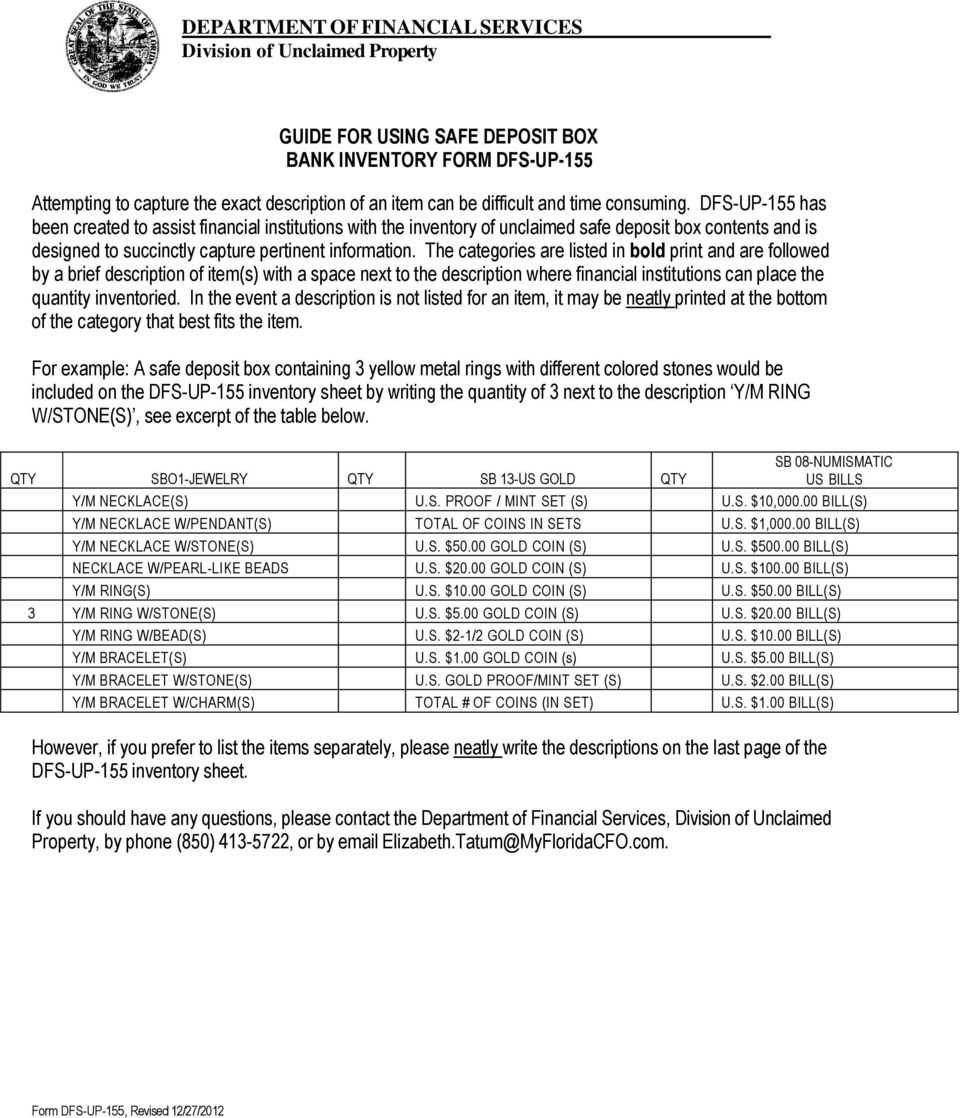 SAFE DEPOSIT BOX INVENTORY FORM OF PROPERTY PRESUMED UNCLAIMED  With Regard To Safe Deposit Box Inventory Template With Safe Deposit Box Inventory Template