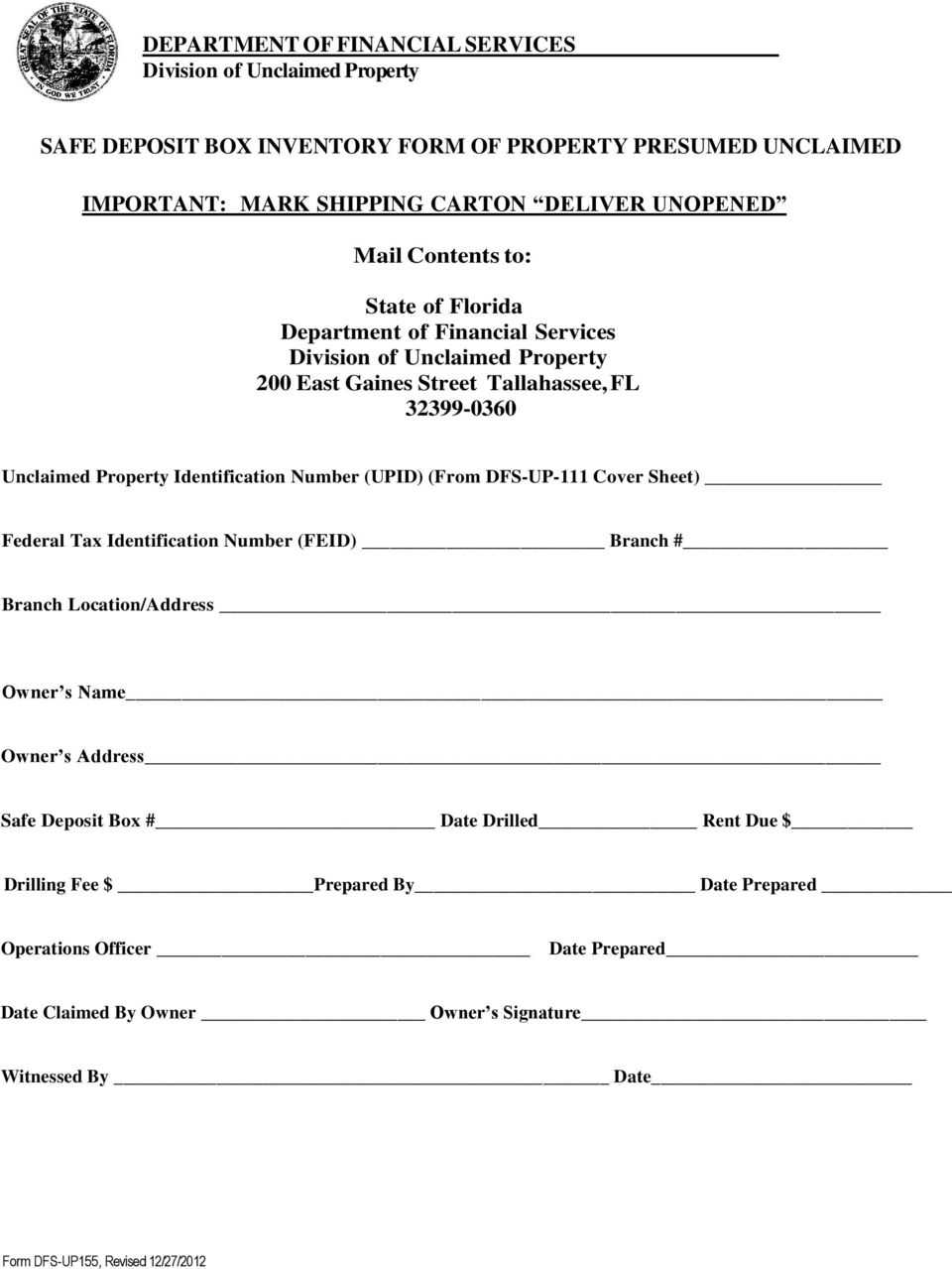 SAFE DEPOSIT BOX INVENTORY FORM OF PROPERTY PRESUMED UNCLAIMED  Within Safe Deposit Box Inventory Template