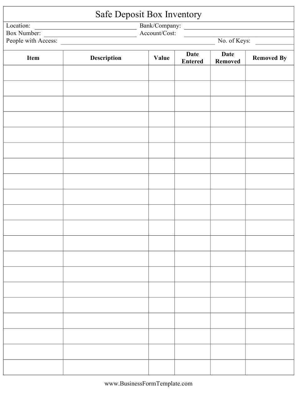 Safe Deposit Box Inventory Template Download Printable PDF  Regarding Safe Deposit Box Inventory Template