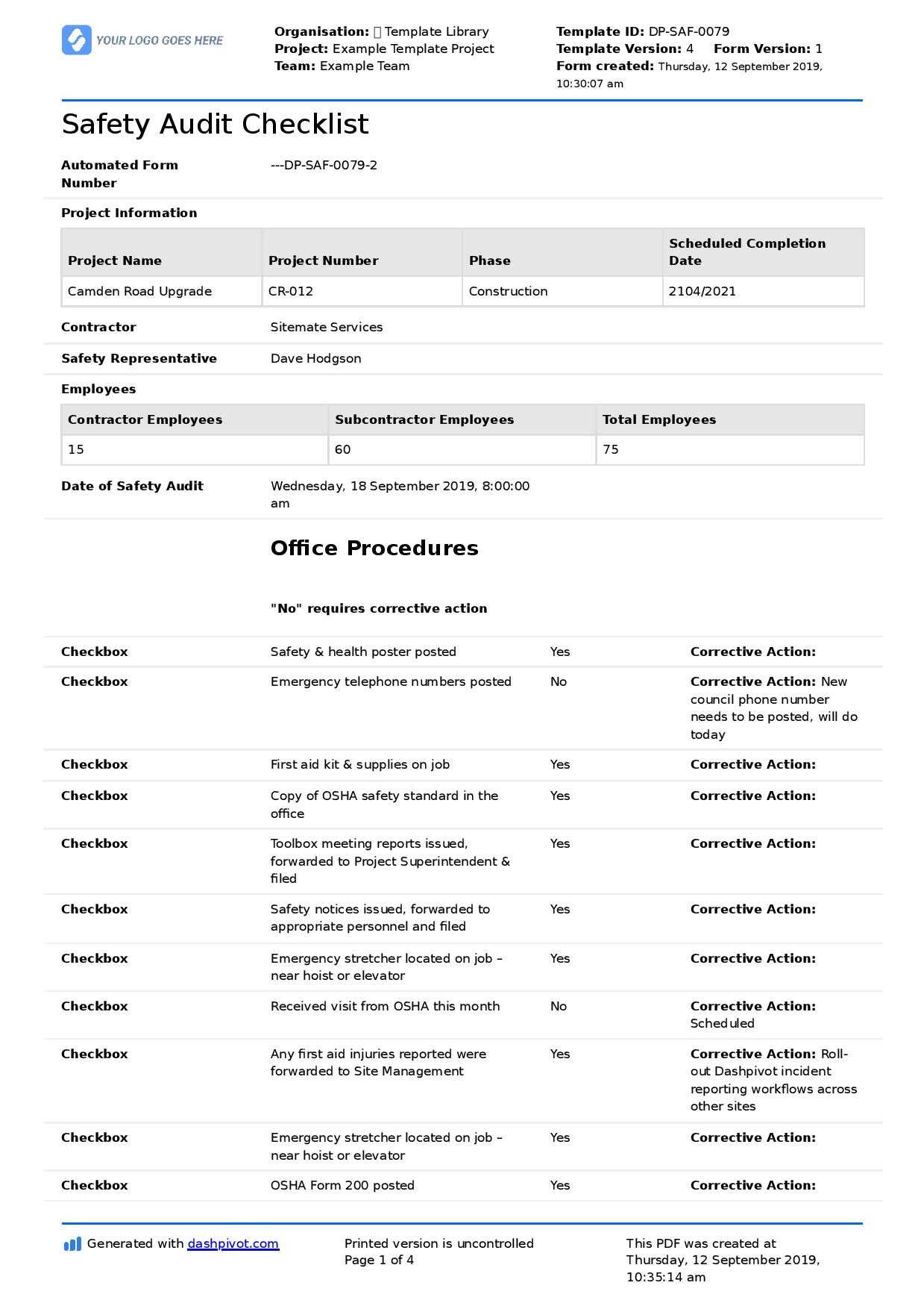 Safety Audit Checklist template (Better than PDF, excel checklists) With Safety Inspection Checklist Template In Safety Inspection Checklist Template