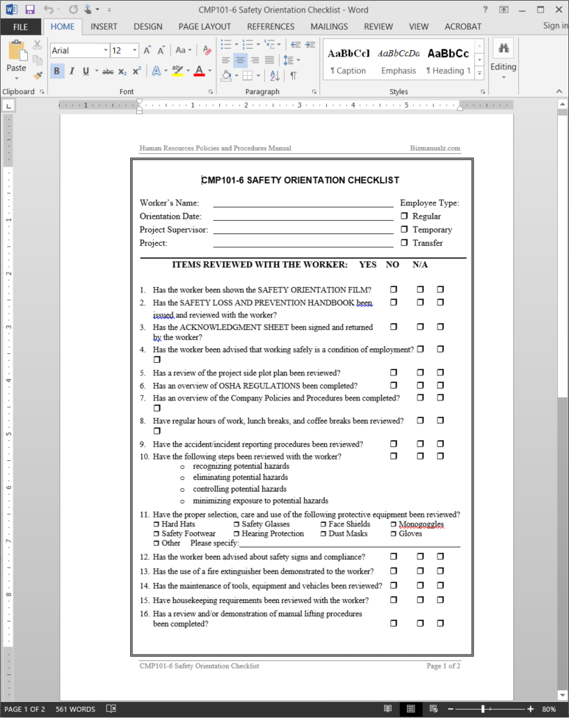 Safety Orientation Checklist Template  CMP10-10 Intended For Safety Training Checklist Template With Safety Training Checklist Template