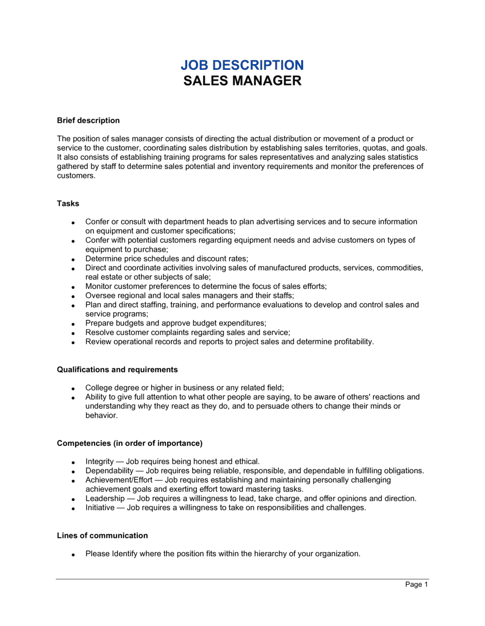 Sales Manager Job Description Template  by Business-in-a-Box™ With Sales Manager Job Description Template Inside Sales Manager Job Description Template