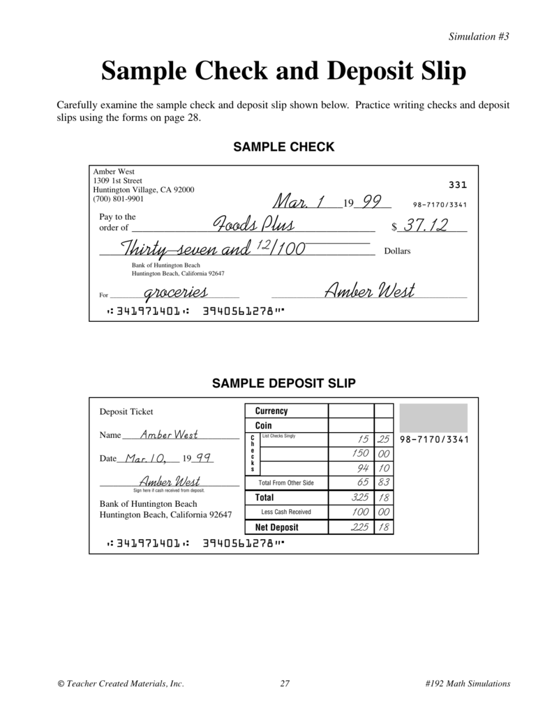 Sample Check And Deposit Slip With Deposit Slip Template For Students Within Deposit Slip Template For Students