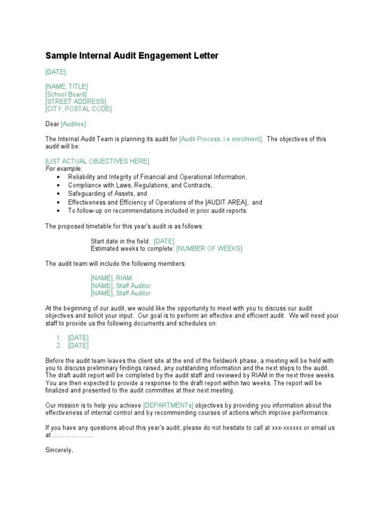 Sample Internal Audit Engagement Letter - Doc - Final  Internal  Intended For Audit Engagement Checklist Template With Audit Engagement Checklist Template