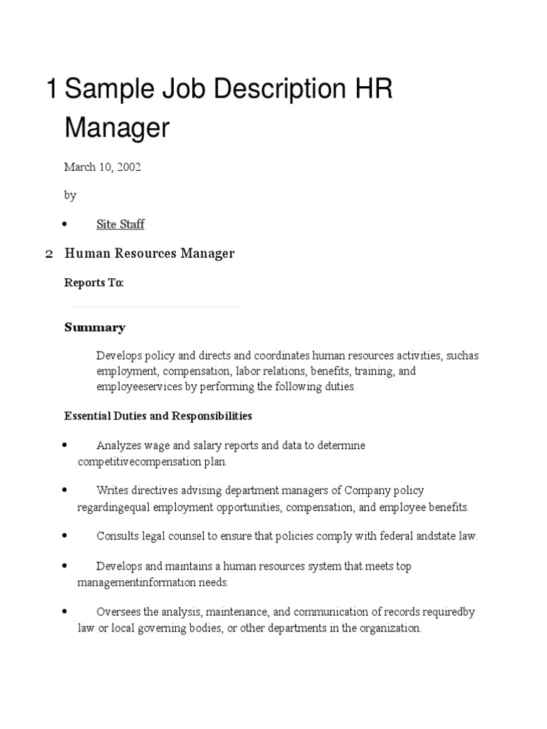 Sample Job Description HR Manager  Human Resource Management  Within Hr Job Description Template Within Hr Job Description Template
