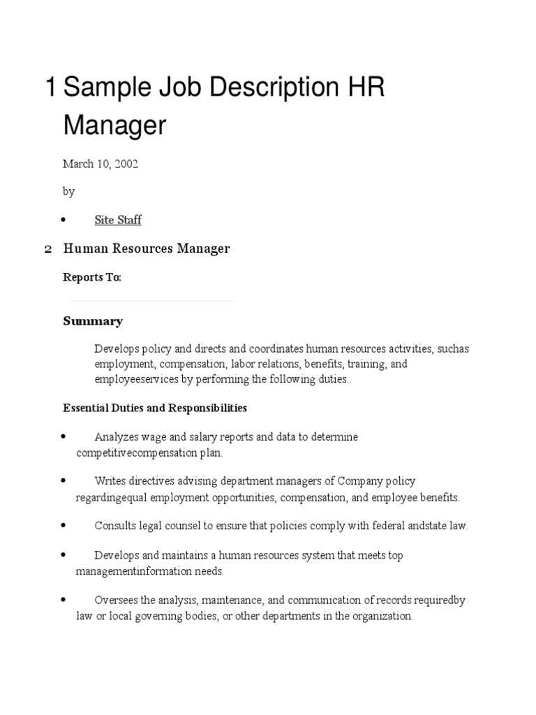 Sample Job Description HR Manager  Human Resource Management  Within Hr Job Description Template