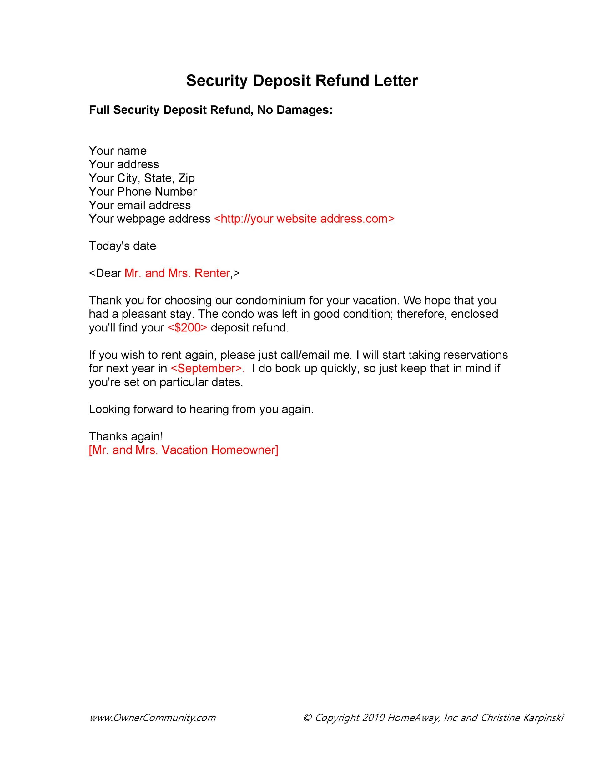 Sample letter of refund deposit Pertaining To Security Deposit Refund Letter Template