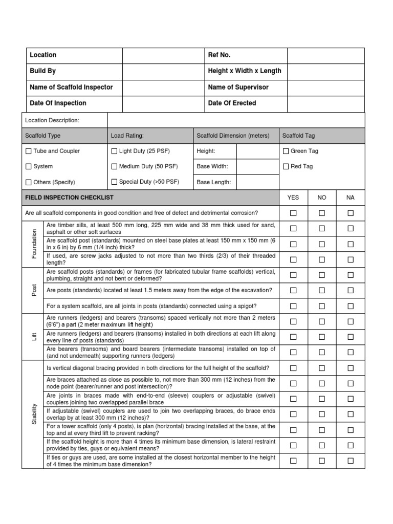 Scaffold checklist Location  Scaffolding  Civil Engineering In Scaffold Inspection Checklist Free Template Pertaining To Scaffold Inspection Checklist Free Template