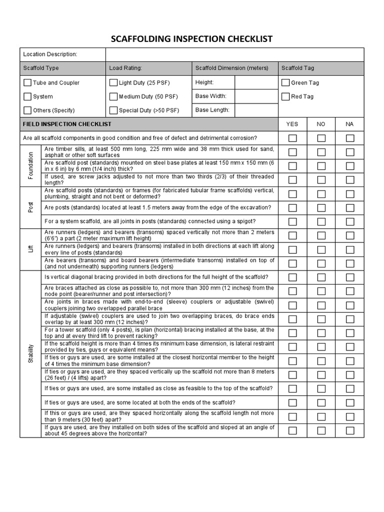 Scaffold Inspection Checklist  Scaffolding  Equipment Inside Scaffold Inspection Checklist Free Template