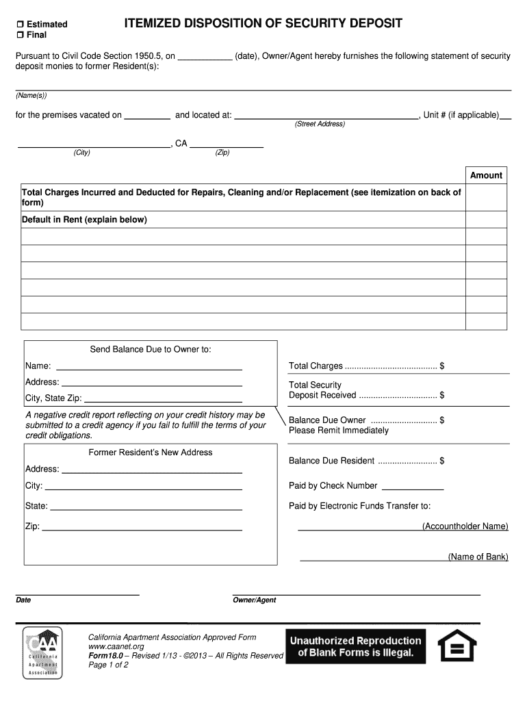 Security Deposit Form California – Fill Online, Printable, Fillable, Blank   PdfFiller With Regard To Itemized Security Deposit Deduction Form