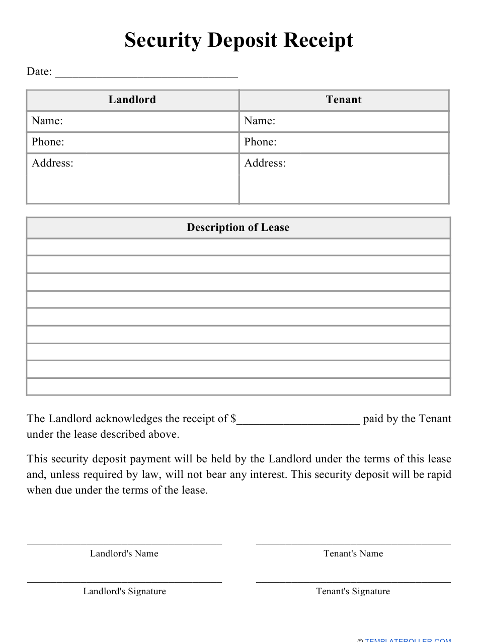 Security Deposit Receipt Template Download Printable PDF  For Holding Deposit Form Template Pertaining To Holding Deposit Form Template
