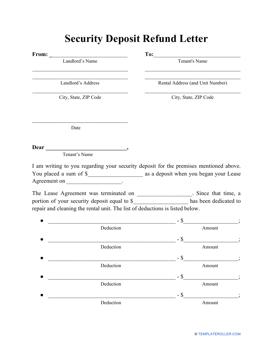 Security Deposit Refund Letter Template Download Printable PDF  In Refund Security Deposit Form