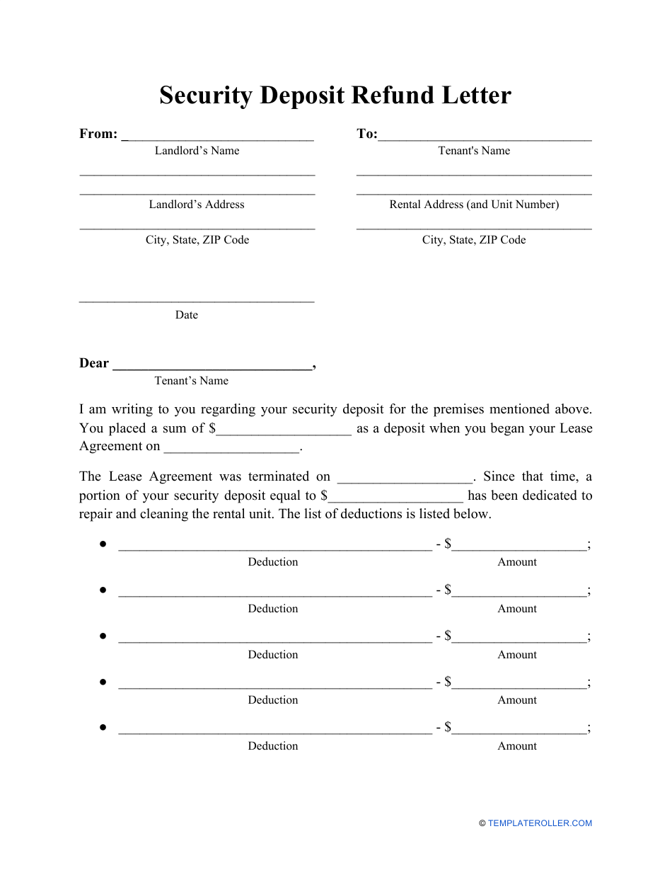 Security Deposit Refund Letter To Tenant Template