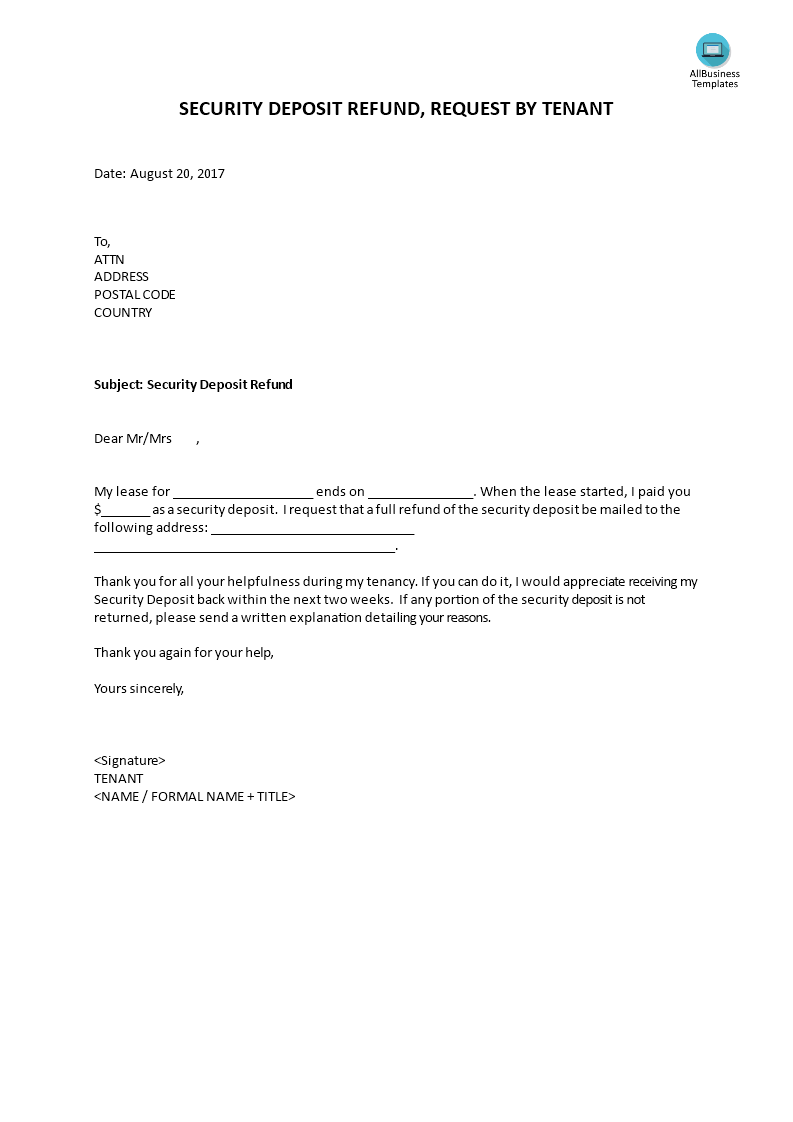 Security Deposit Refund, Request By Tenant – Premium Schablone Within Security Deposit Refund Form Template