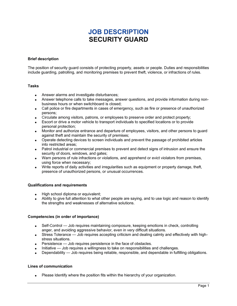 Security Guard Job Description Template  By Business In A Box™ Regarding Security Officer Job Description Template