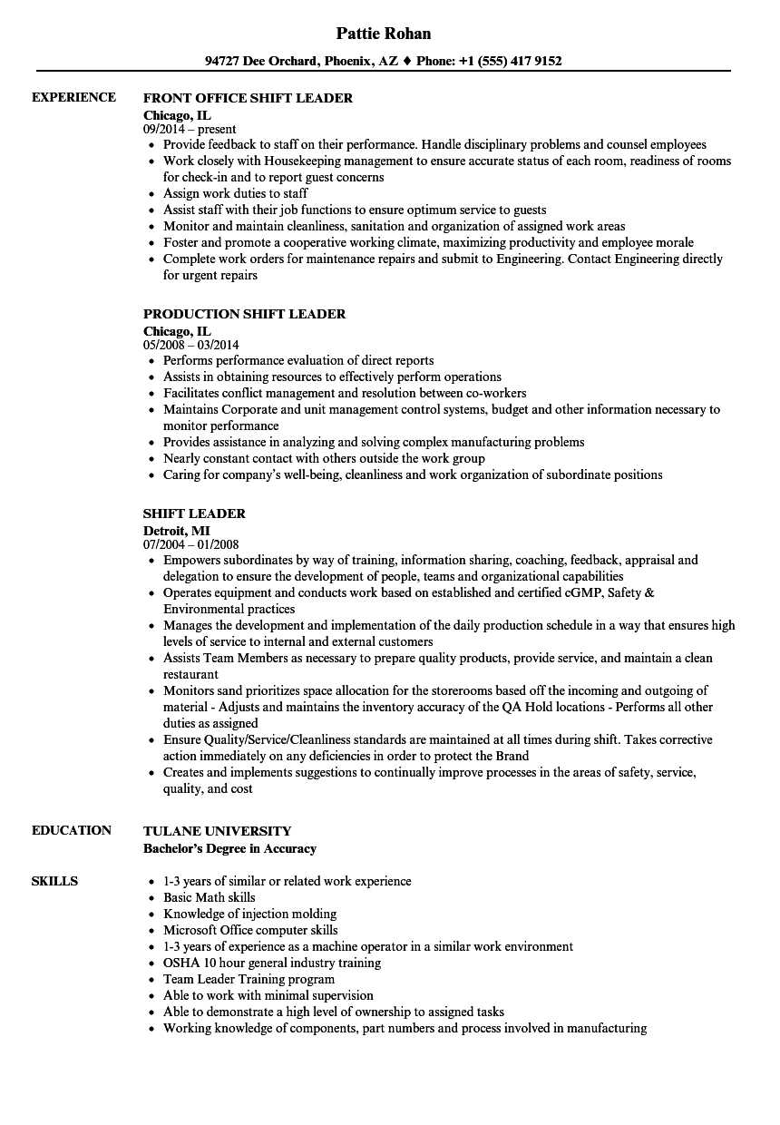 Shift Leader Resume Samples  Velvet Jobs Regarding Team Leader Job Description Template