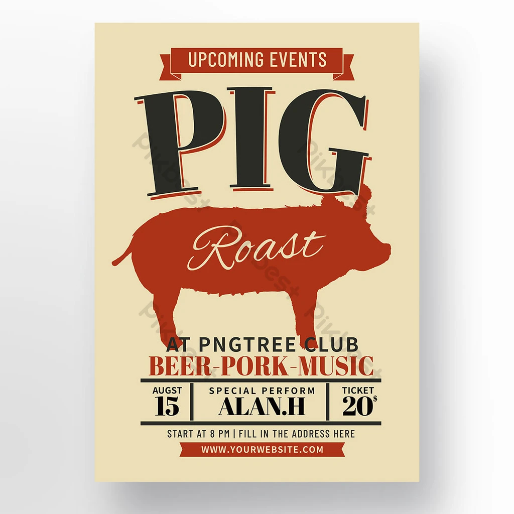Simple retro red line barbecue festival event poster  PSD Free  With Regard To Pig Roast Flyer Template Inside Pig Roast Flyer Template