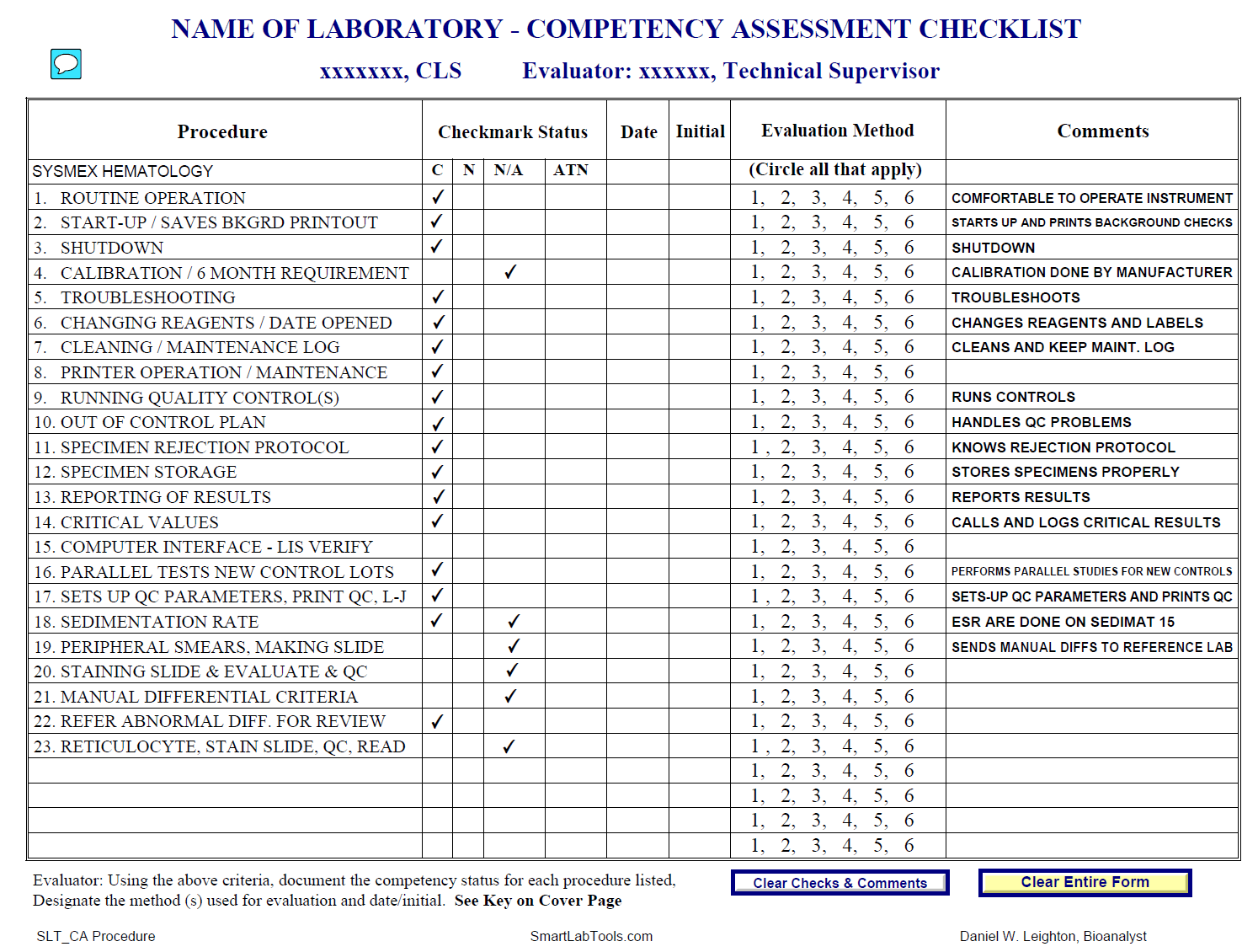 SmartLabTools  SLT Competency Assessment Forms Within Skills Checklist Template