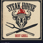 Steak House Poster Template Bull Head With Fire Vector Image Intended For Bull Roast Flyer Template