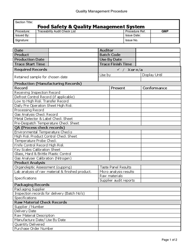Template - Traceability Audit Checklist (Example) For Food Safety Audit Checklist Template Inside Food Safety Audit Checklist Template