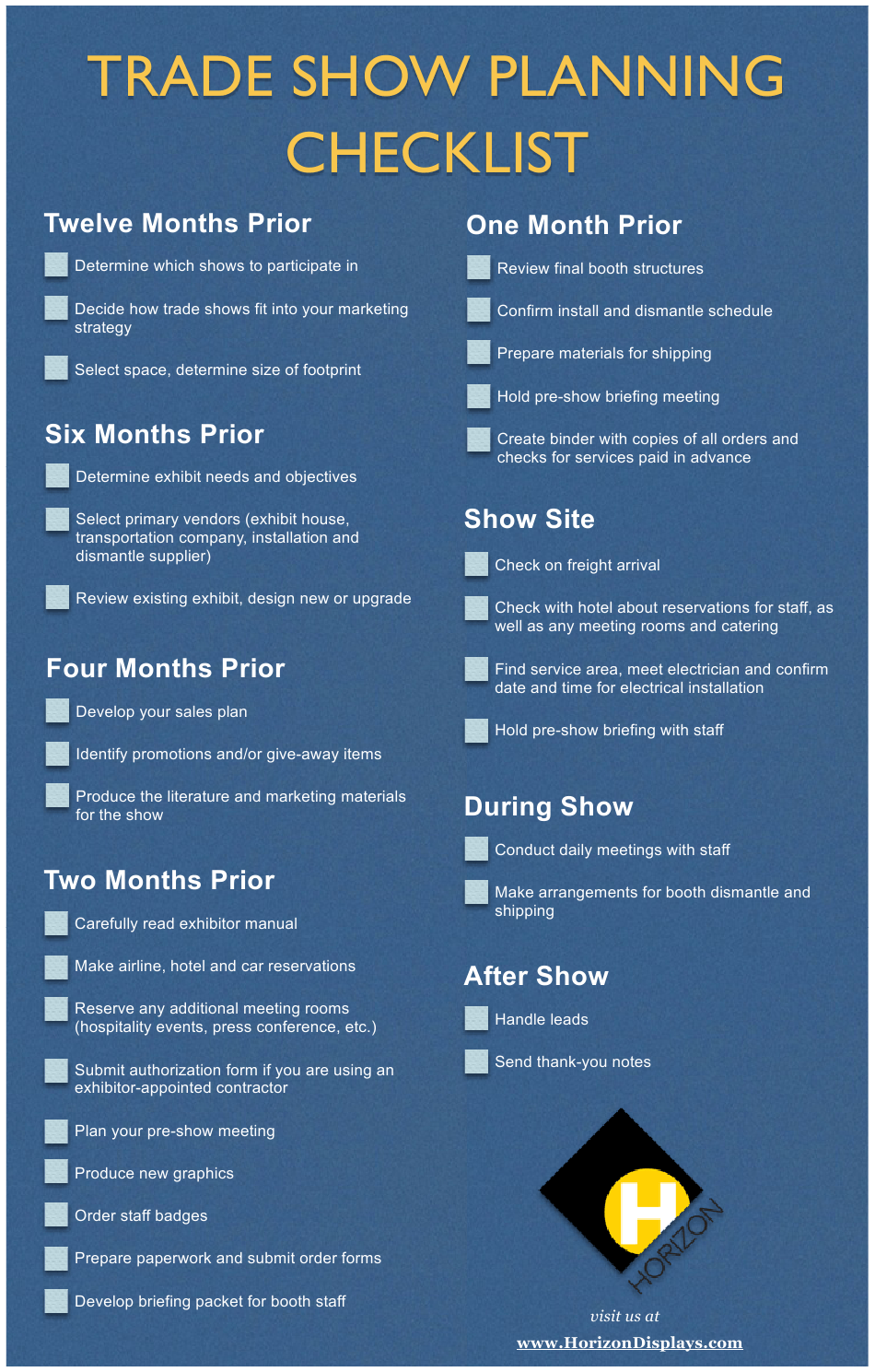 Trade Show Planning Checklist Template - Horizon Download  Within Trade Show Checklist Template Pertaining To Trade Show Checklist Template