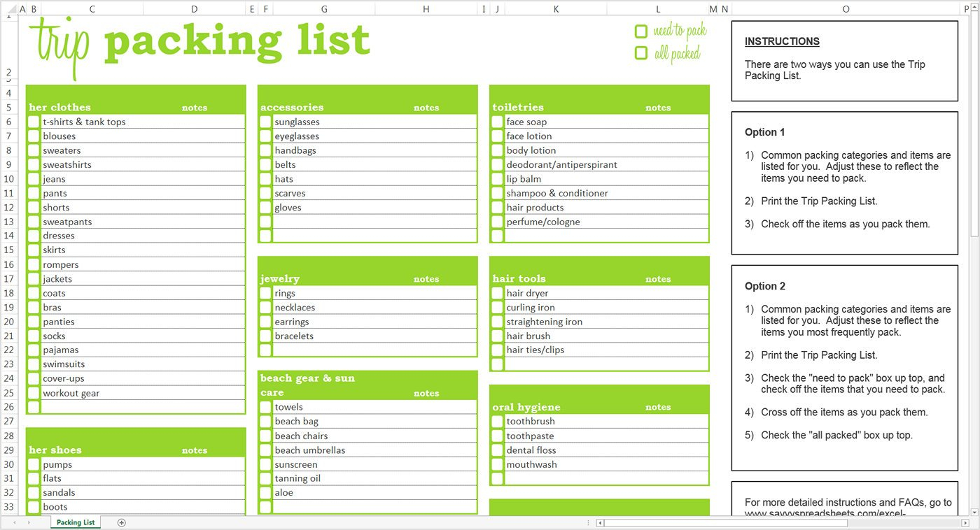 Trip Packing List - Excel Template – Savvy Spreadsheets In Trip Packing Checklist Template For Trip Packing Checklist Template