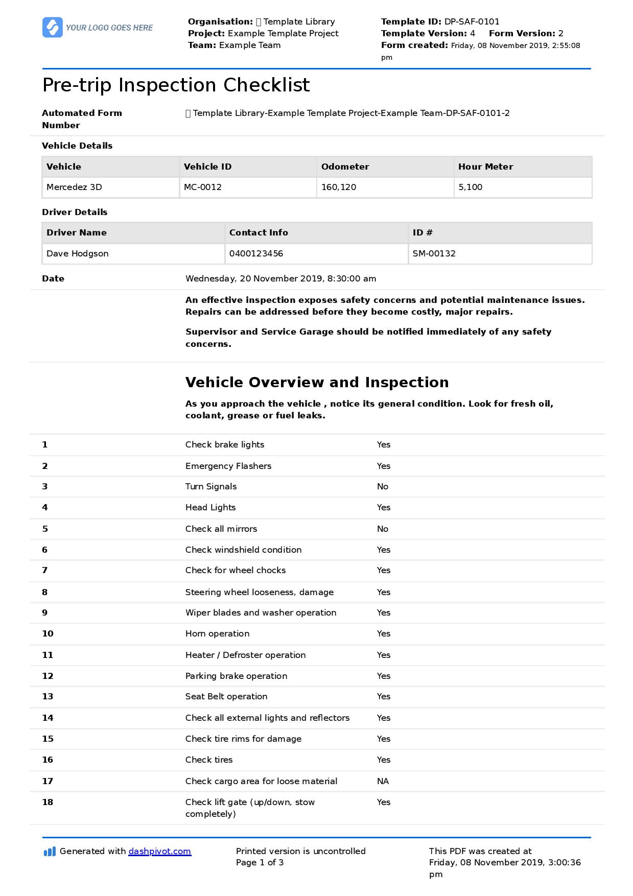 Truck Driver Pre Trip Inspection checklist (Free, editable checklist) For Driver Checklist Template With Regard To Driver Checklist Template