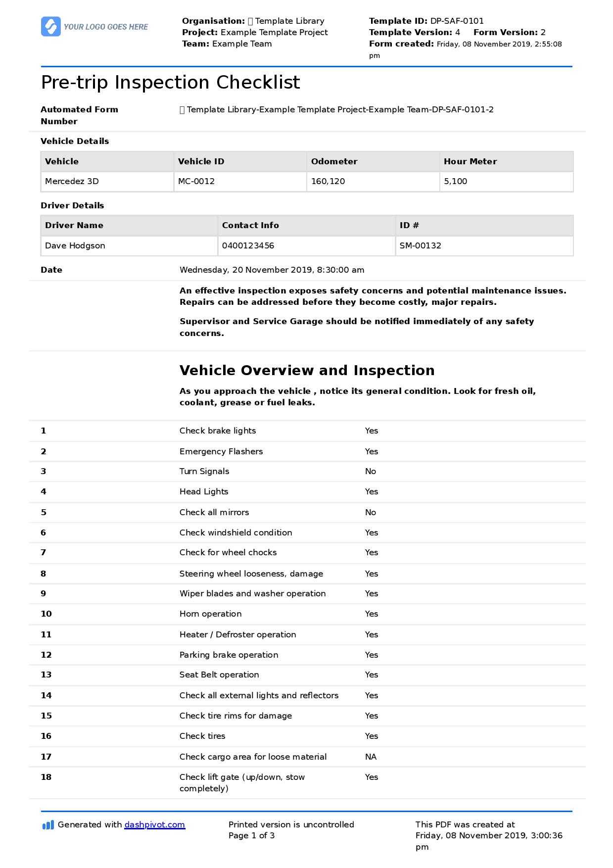 Truck Driver Pre Trip Inspection Checklist (Free, Editable Checklist) For Driver Checklist Template