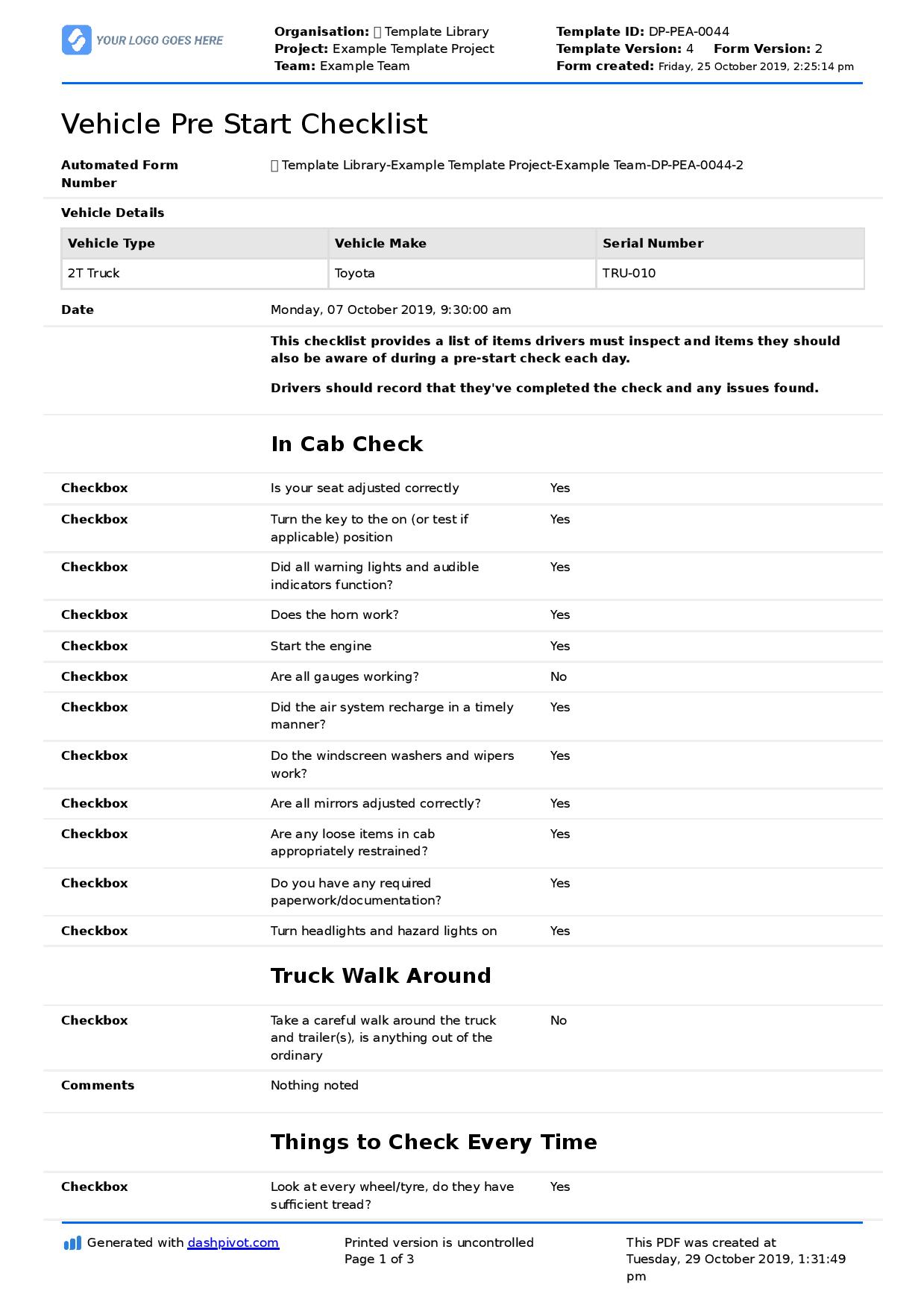 Truck Pre Start Checklist Template (Free To Use + Editable) Within Driver Checklist Template