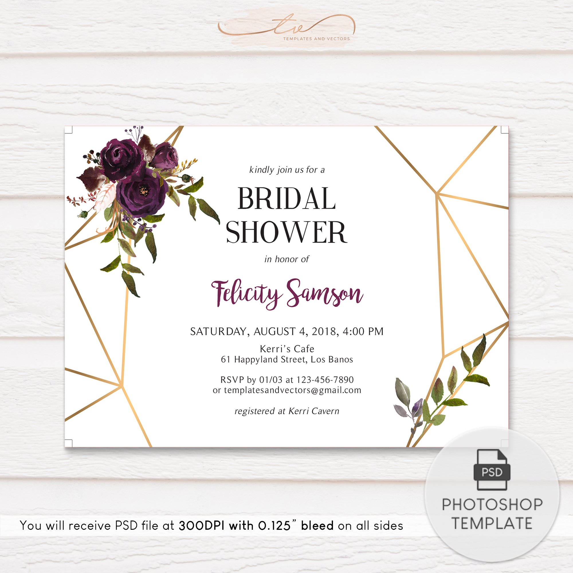TVS10 Plum Geometric Floral Bridal Shower Invitation Template Pertaining To Bridal Shower Flyer Template With Bridal Shower Flyer Template