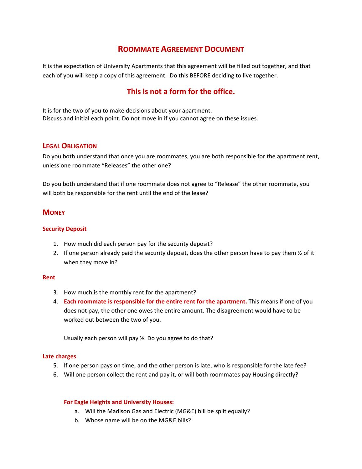University Apartments Roommate Agreement by UW Madison Housing - issuu Within Security Deposit Agreement Between Roommates Within Security Deposit Agreement Between Roommates