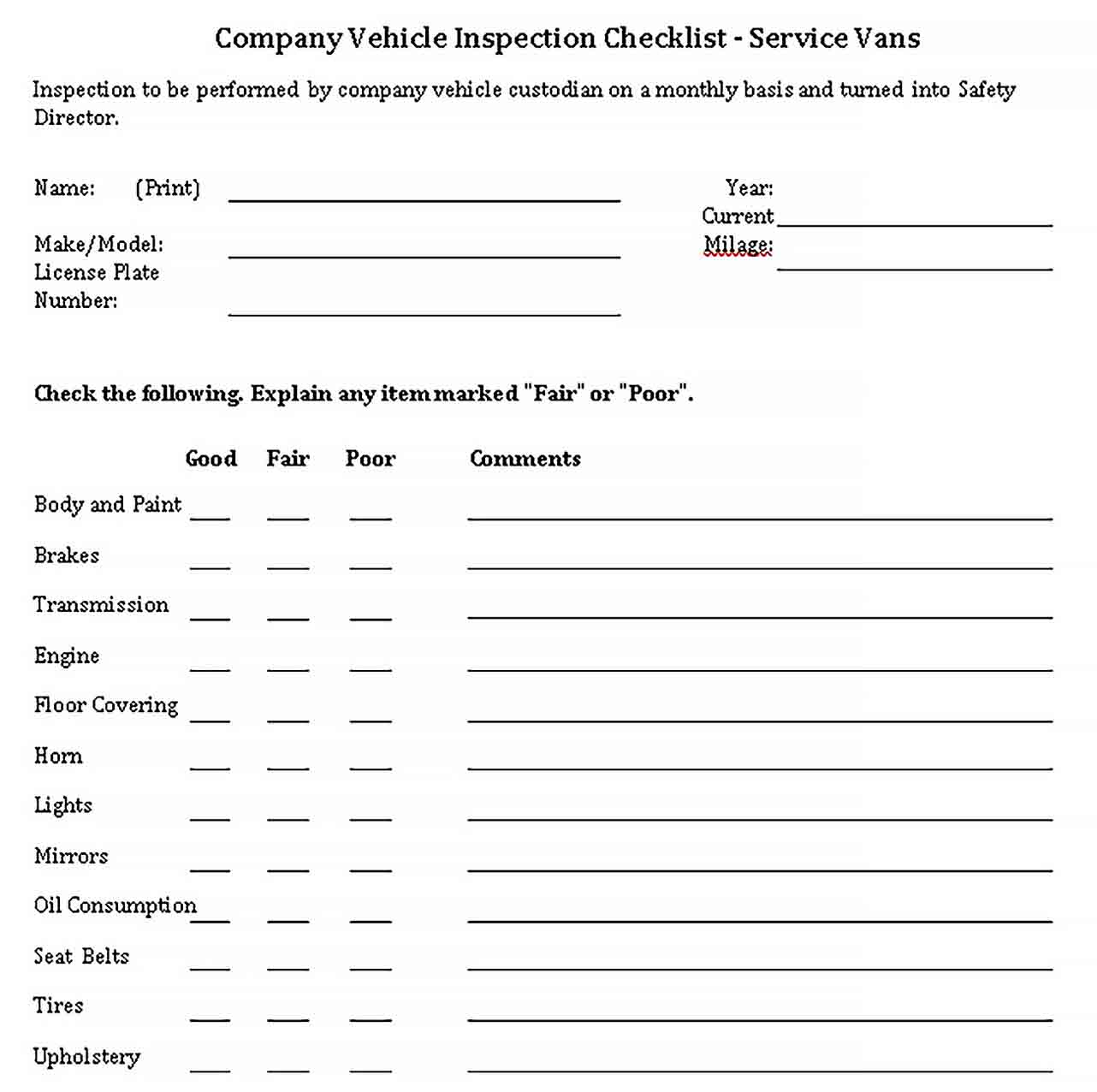 Vehicle checklist sample template  welding rodeo Designer Throughout Fleet Vehicle Checklist Template Intended For Fleet Vehicle Checklist Template