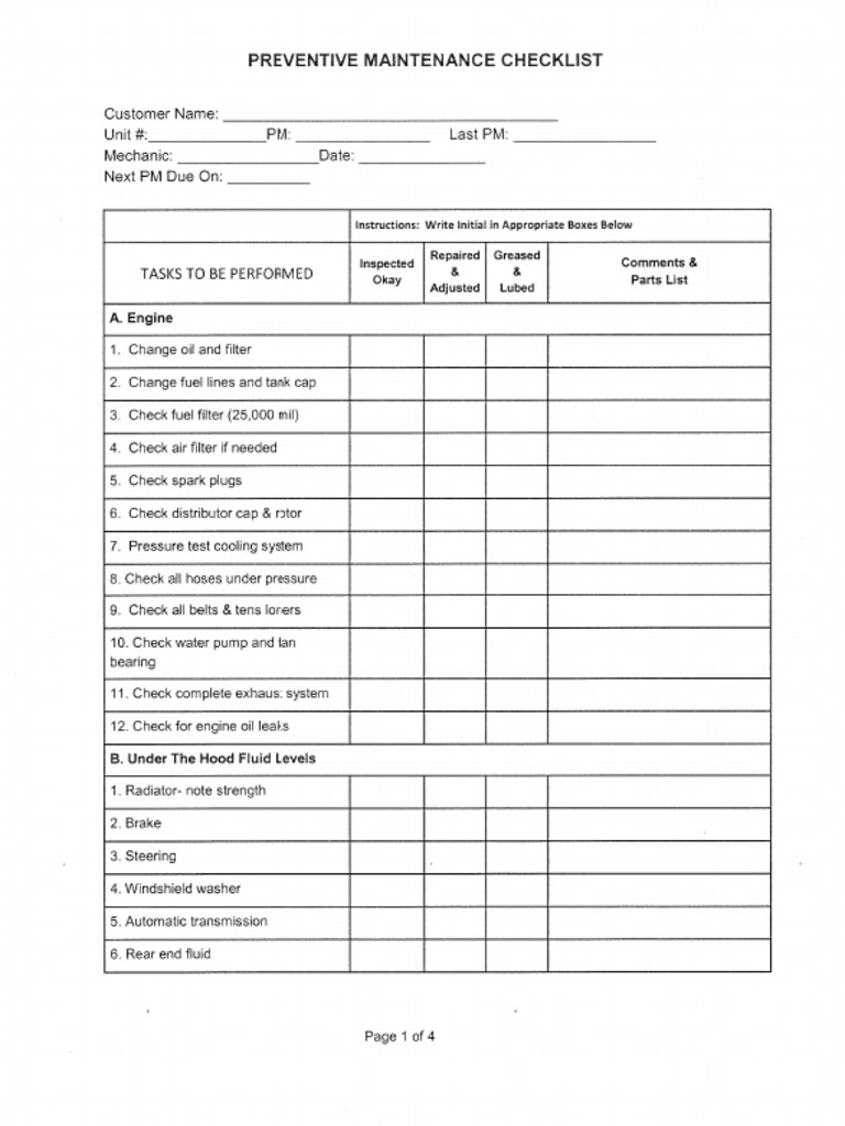 Vehicle Preventive Maintenance Checklist Intended For Mechanic Checklist Template