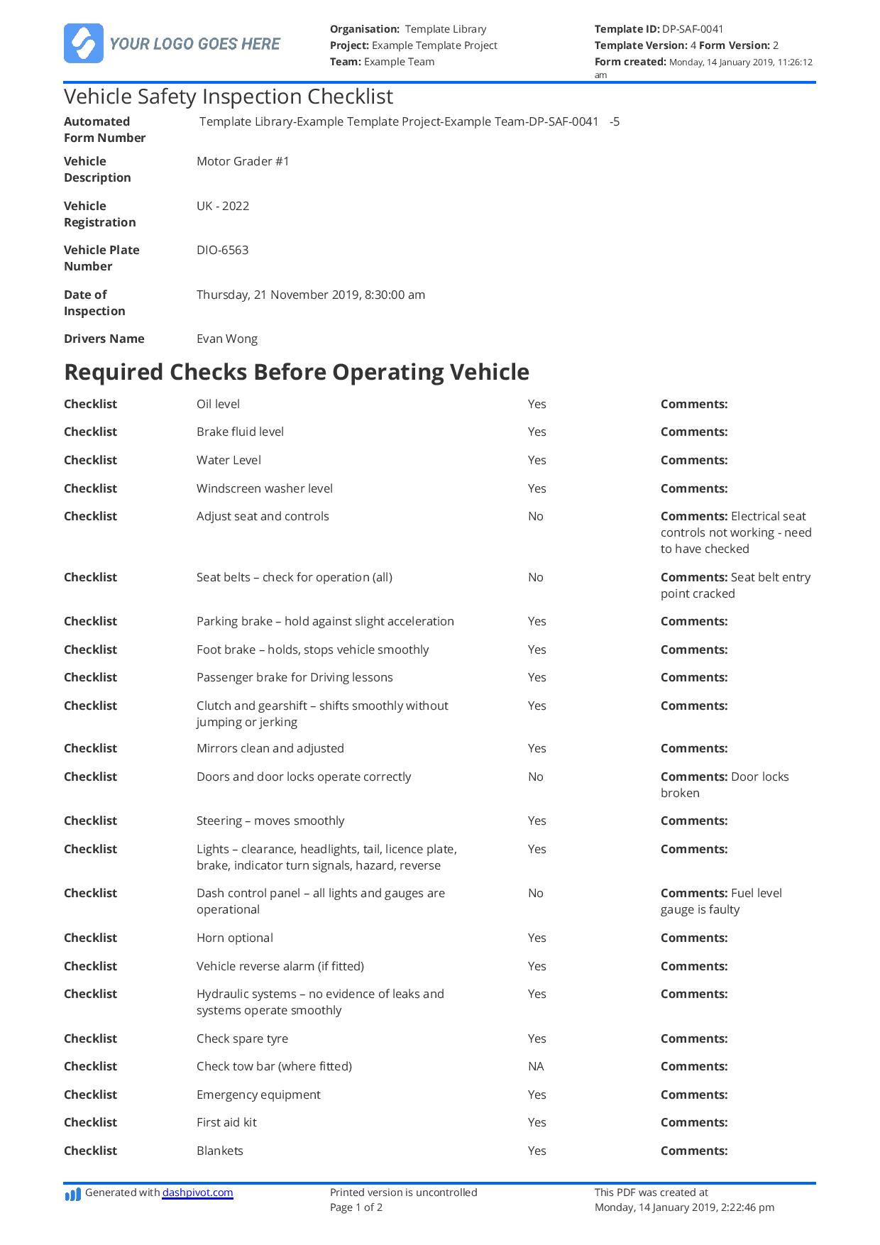 Vehicle Safety Inspection Checklist template - Free and customisable Intended For Driver Checklist Template Regarding Driver Checklist Template