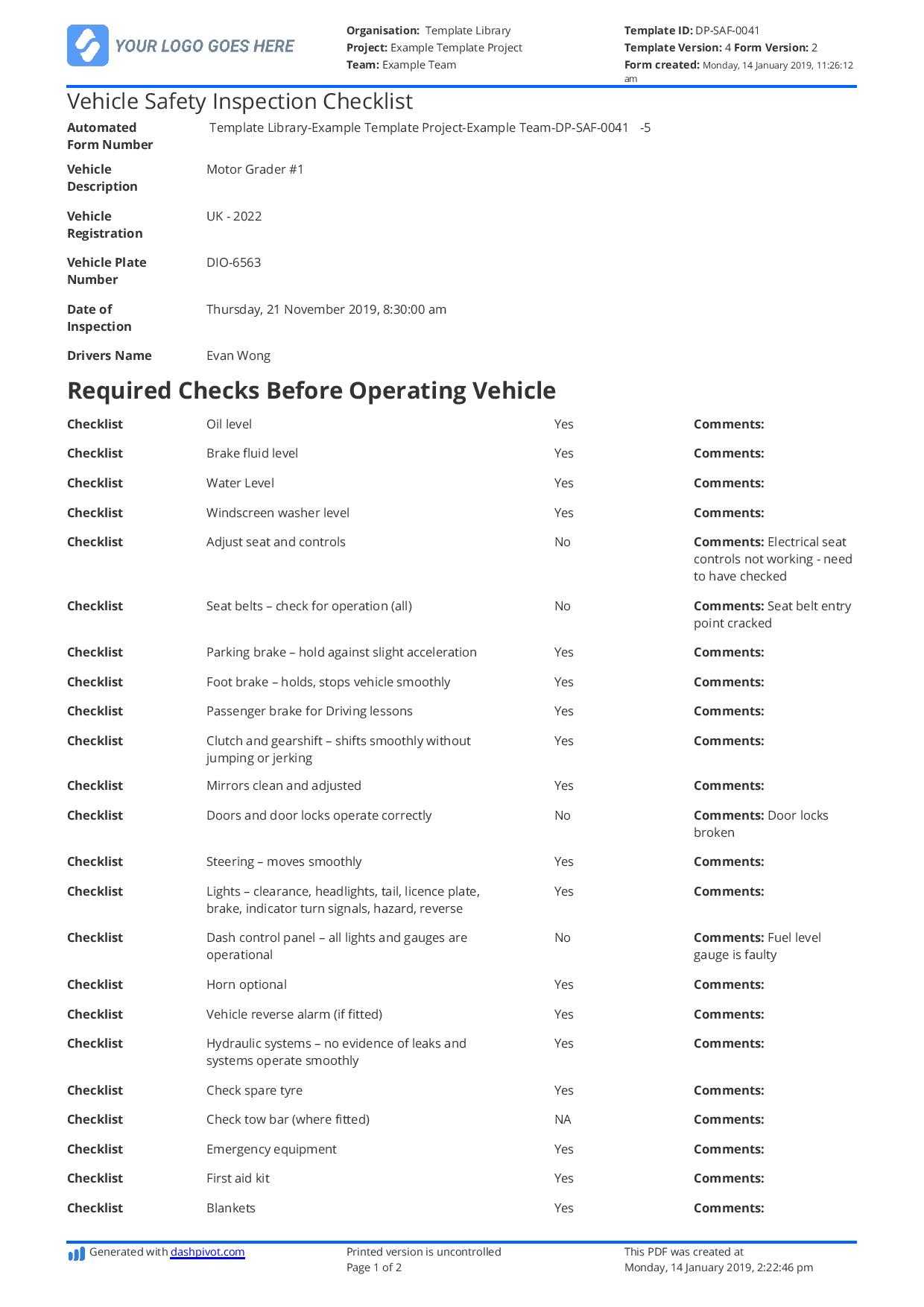 Vehicle Safety Inspection Checklist Template – Free And Customisable Intended For Driver Checklist Template