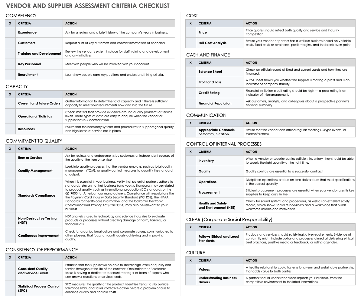 Vendor Assessment and Evaluation Guide  Smartsheet Regarding Vendor Selection Checklist Template With Vendor Selection Checklist Template