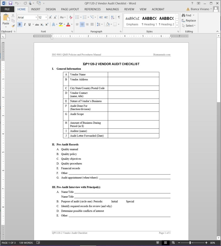 Vendor Audit Checklist ISO Template  QP10-10 Inside Vendor Audit Checklist Template Regarding Vendor Audit Checklist Template