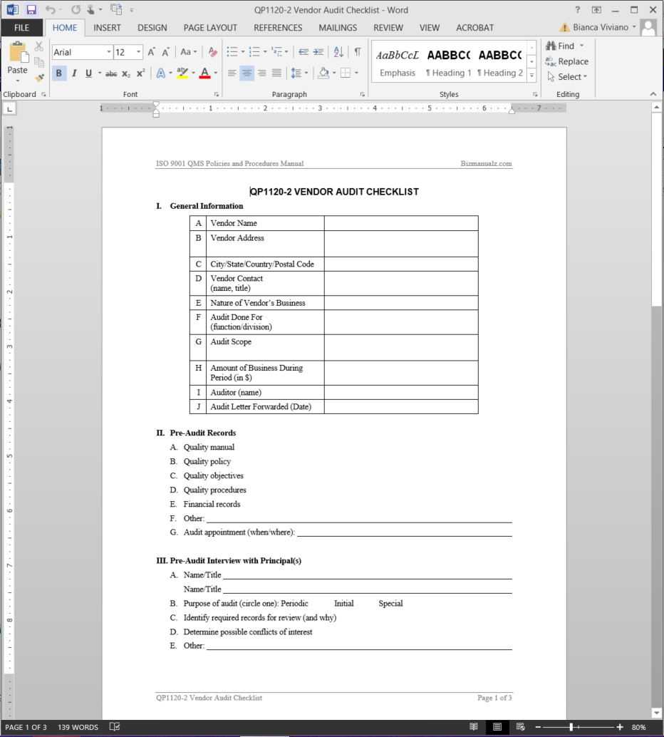 Vendor Audit Checklist ISO Template  QP10-10 With Regard To New Vendor Checklist Template Throughout New Vendor Checklist Template