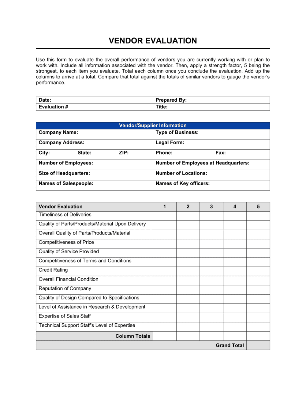 Vendor Selection Checklist Template