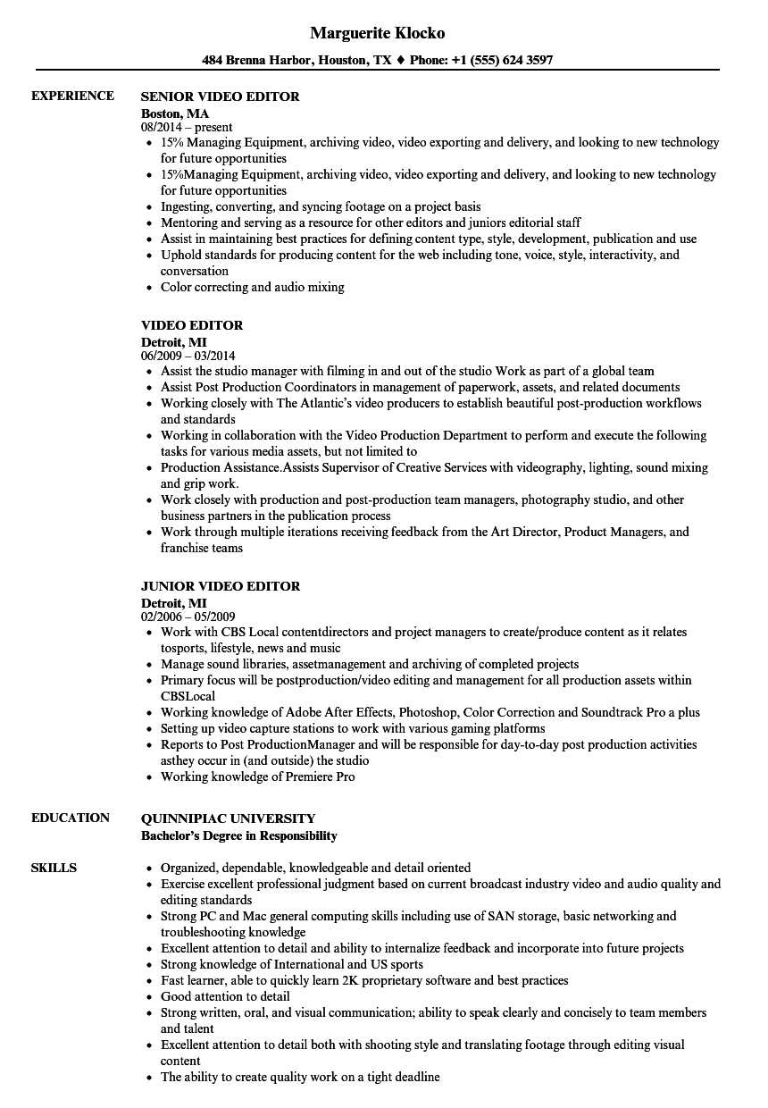 Video Editor Resume  louiesportsmouth Throughout Videographer Job Description Template