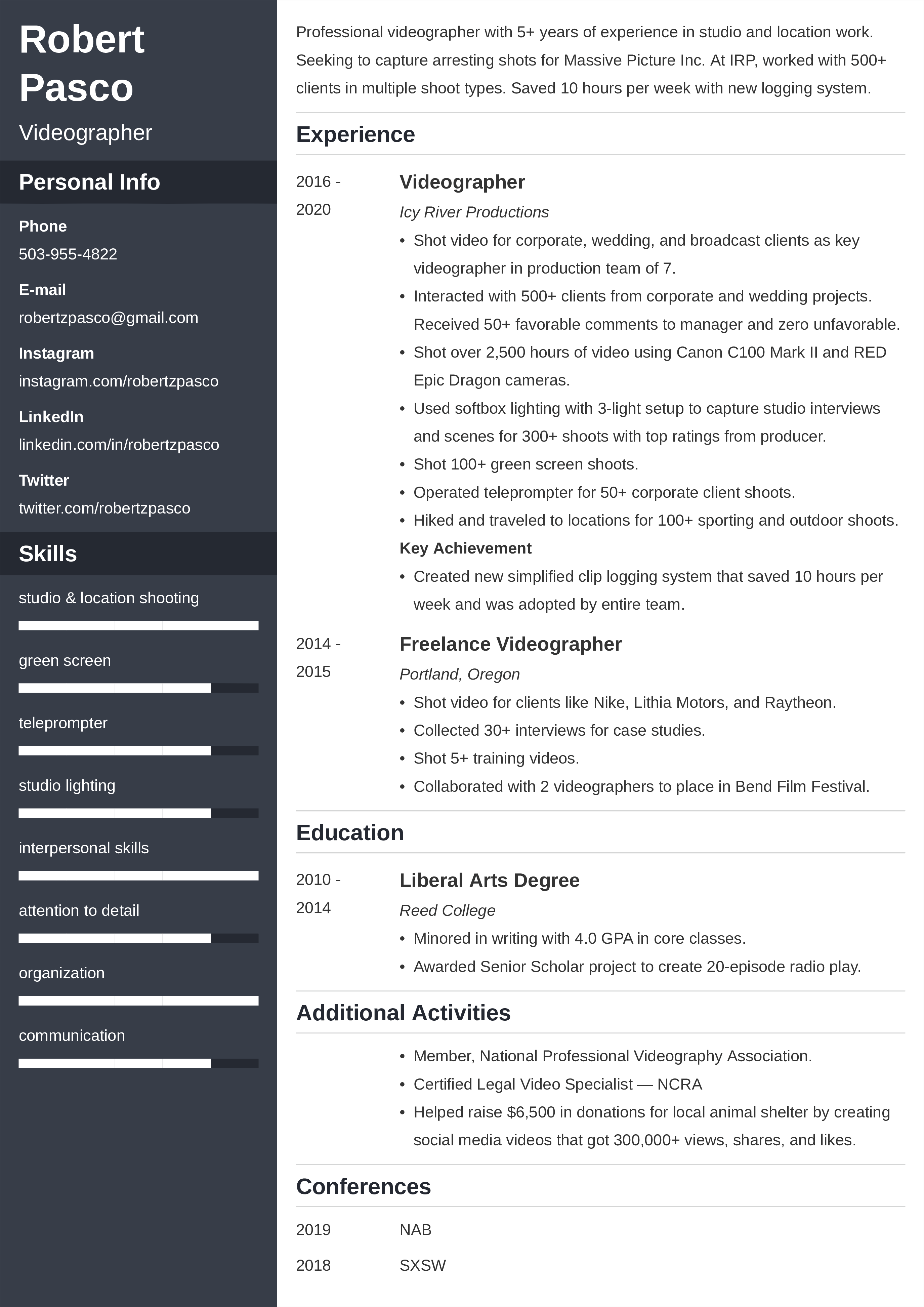 Videographer CV—Examples and Tips (Also Freelance) Intended For Videographer Job Description Template Intended For Videographer Job Description Template