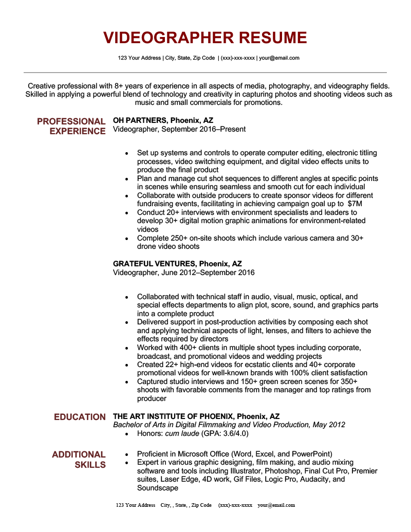 Videographer Resume (Sample & Writing Guide)  Resume Genius Regarding Videographer Job Description Template Intended For Videographer Job Description Template