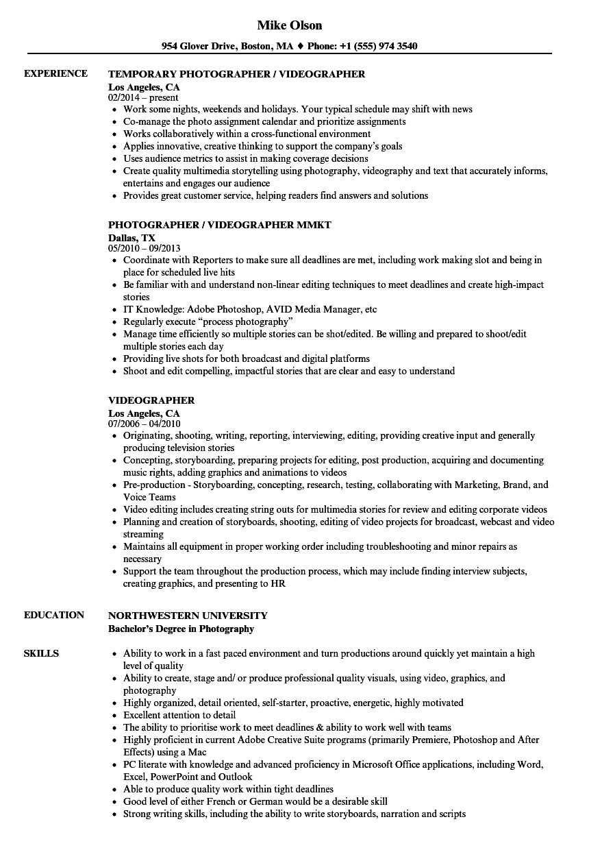 Videographer Resume Samples  Velvet Jobs Throughout Videographer Job Description Template Throughout Videographer Job Description Template