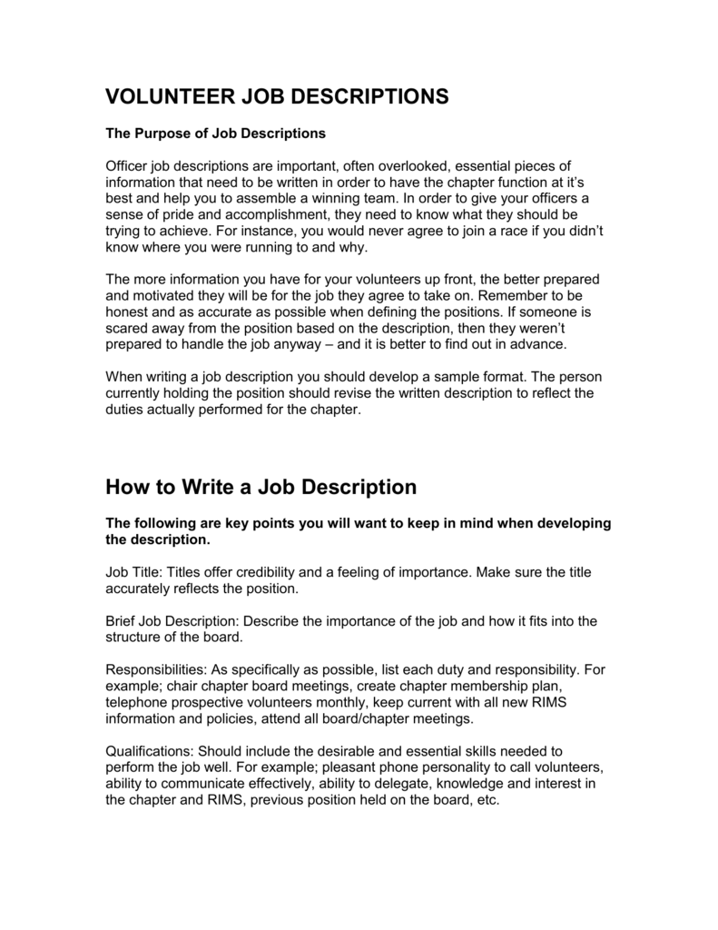 VOLUNTEER JOB DESCRIPTIONS Within Volunteer Job Description Template With Regard To Volunteer Job Description Template