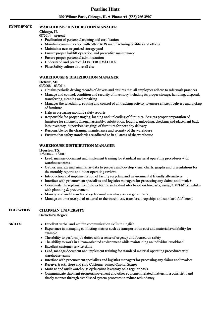 Warehouse Distribution Manager Resume Samples  Velvet Jobs Within Warehouse Manager Job Description Template In Warehouse Manager Job Description Template