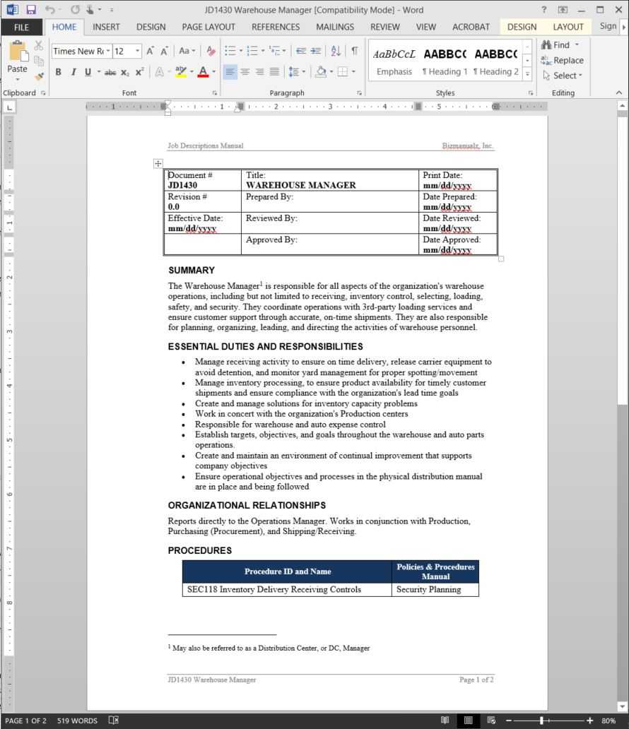 Warehouse Manager Job Description Regarding Warehouse Manager Job Description Template Within Warehouse Manager Job Description Template