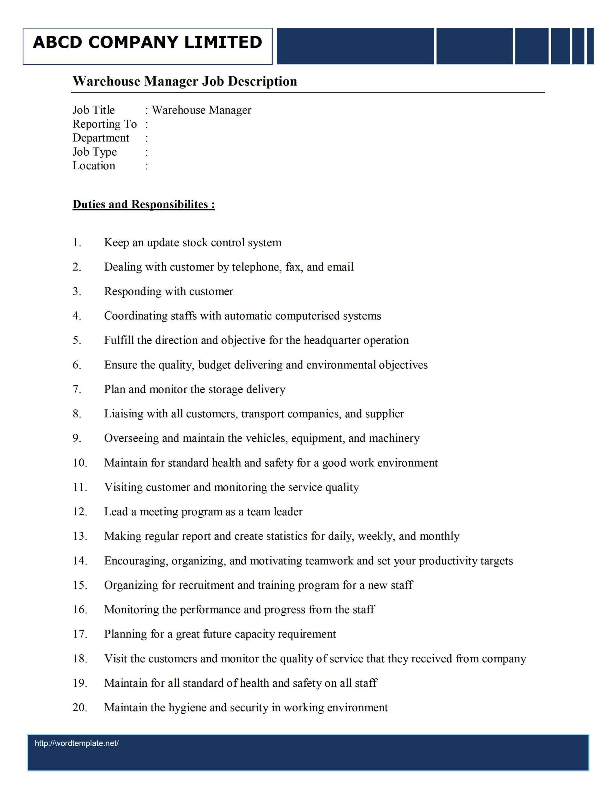 Warehouse Manager Job Description Template Inside Warehouse Manager Job Description Template Regarding Warehouse Manager Job Description Template