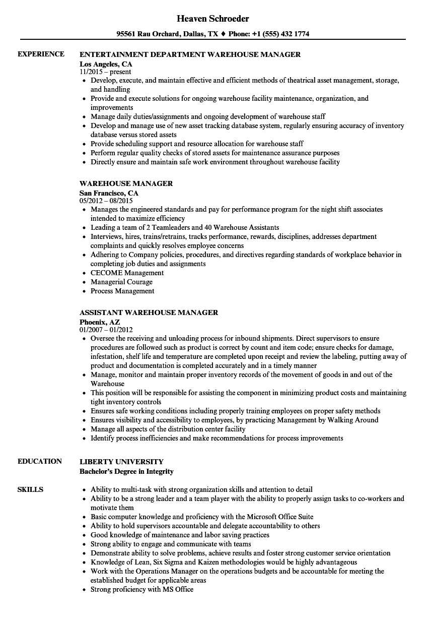 Warehouse Manager Resume Samples  Velvet Jobs With Warehouse Manager Job Description Template Inside Warehouse Manager Job Description Template