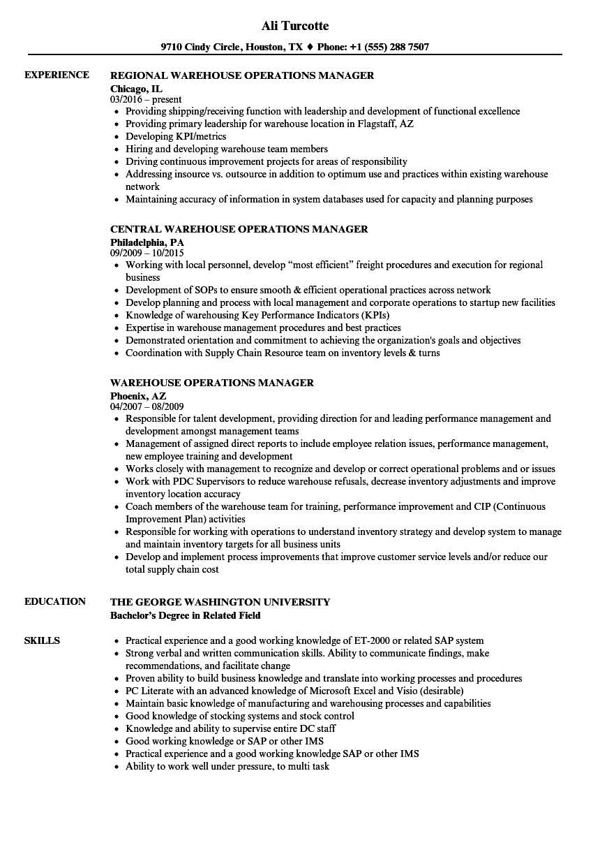 Warehouse Operations Manager Resume Samples  Velvet Jobs Inside Warehouse Manager Job Description Template Pertaining To Warehouse Manager Job Description Template